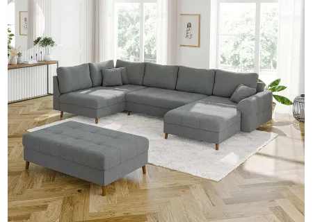 Lars - Wohnlandschaft mit Schlaffunktion und Hocker mit Braun Holzfüßen im skandinavischen Stil aus Boucle-Stoff