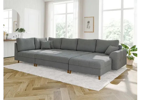 Lars - Wohnlandschaft mit Schlaffunktion und Hocker mit Braun Holzfüßen im skandinavischen Stil aus Boucle-Stoff