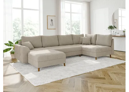 Lars - Wohnlandschaft mit Schlaffunktion und Hocker mit Braun Holzfüßen im skandinavischen Stil aus Boucle-Stoff