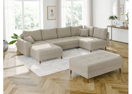 Lars - Wohnlandschaft mit Schlaffunktion und Hocker mit Braun Holzfüßen im skandinavischen Stil aus Boucle-Stoff