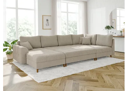 Lars - Wohnlandschaft mit Schlaffunktion und Hocker mit Braun Holzfüßen im skandinavischen Stil aus Boucle-Stoff