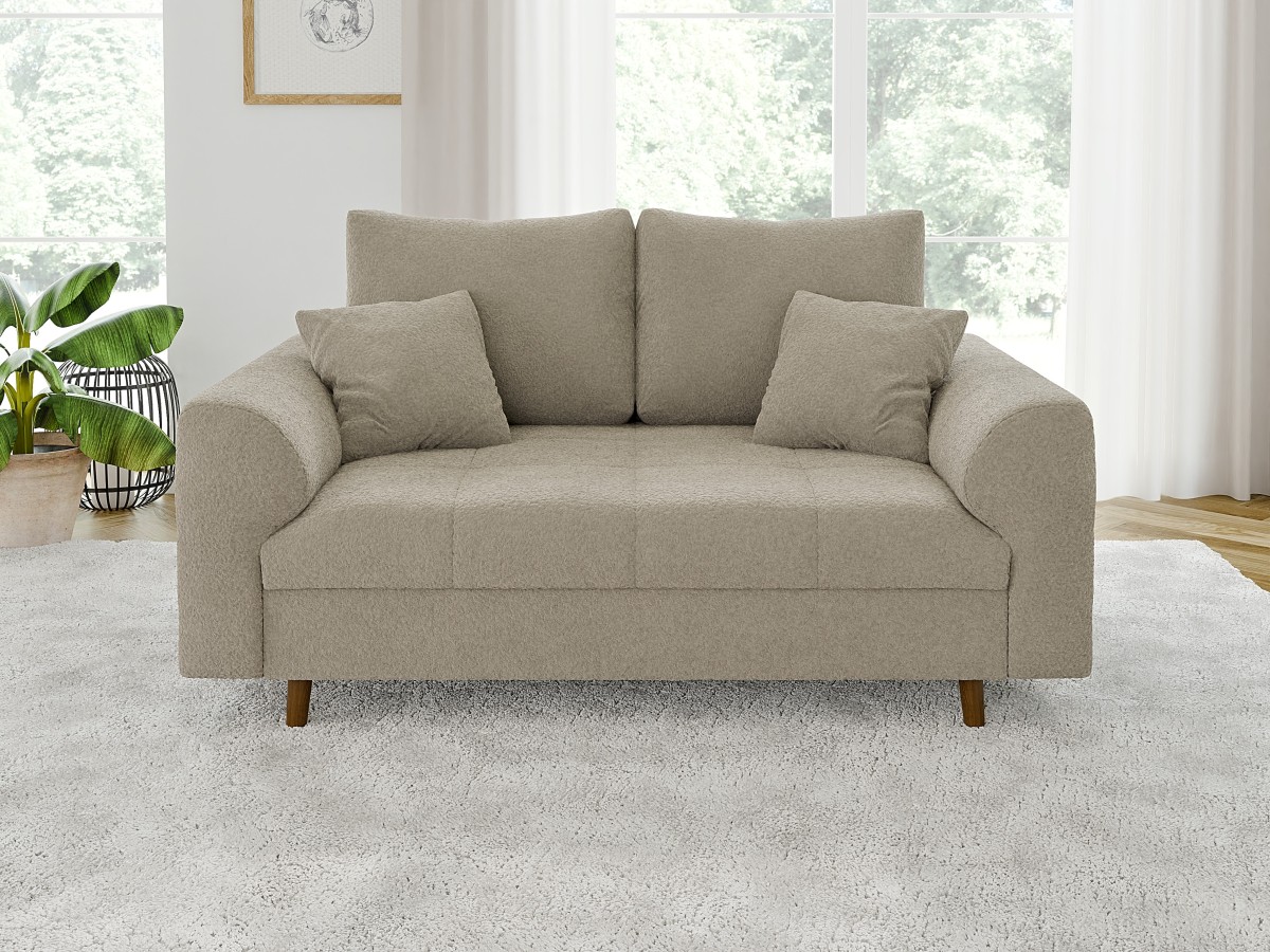 Lars - Sofa 2 sitzer mit Braun Holzfüßen im skandinavischen Stil aus Boucle-Stoff