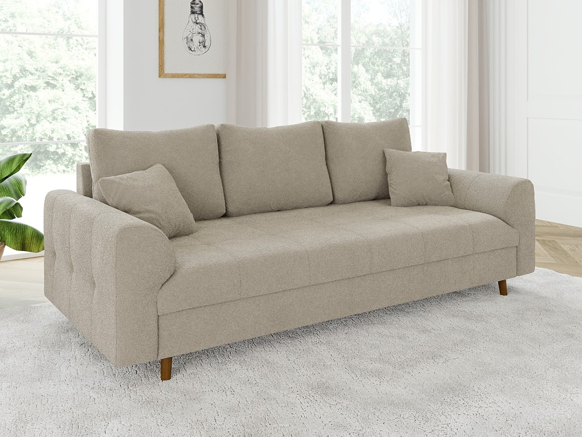 Lars - Sofa 3 sitzer mit Braun Holzfüßen im skandinavischen Stil aus Boucle-Stoff