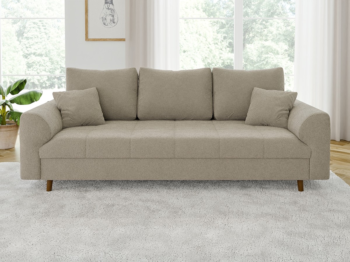 Lars - Sofa 3 sitzer mit Braun Holzfüßen im skandinavischen Stil aus Boucle-Stoff