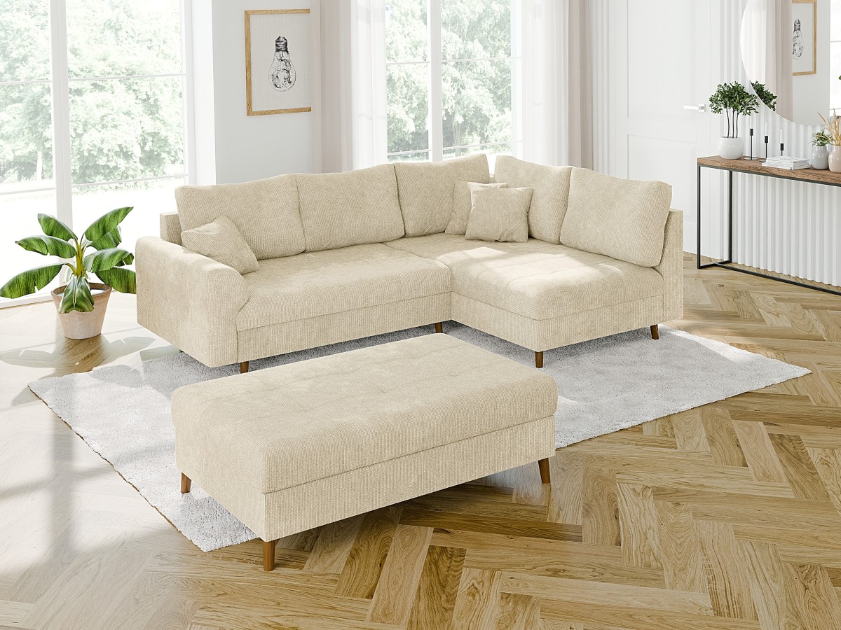 Trygve - Ecksofa mit Schlaffunktion und Hocker mit Braun Holzfüßen im skandinavischen Stil aus Chenille-Stoff