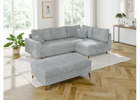 Trygve - Ecksofa mit Schlaffunktion und Hocker mit Braun Holzfüßen im skandinavischen Stil aus Chenille-Stoff