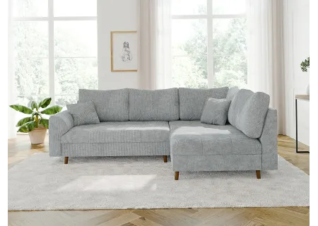 Trygve - Ecksofa mit Schlaffunktion und Hocker mit Braun Holzfüßen im skandinavischen Stil aus Chenille-Stoff