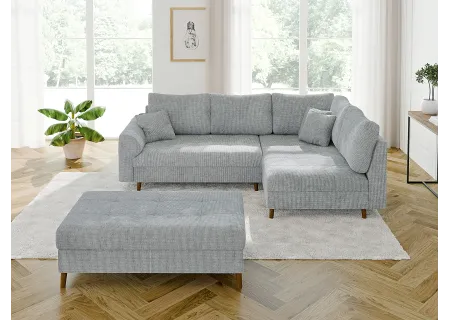 Trygve - Ecksofa mit Schlaffunktion und Hocker mit Braun Holzfüßen im skandinavischen Stil aus Chenille-Stoff