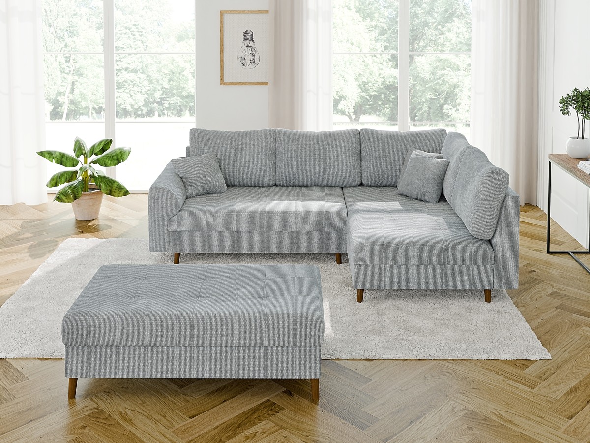 Trygve - Ecksofa mit Schlaffunktion und Hocker mit Braun Holzfüßen im skandinavischen Stil aus Chenille-Stoff