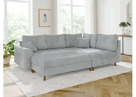 Trygve - Ecksofa mit Schlaffunktion und Hocker mit Braun Holzfüßen im skandinavischen Stil aus Chenille-Stoff