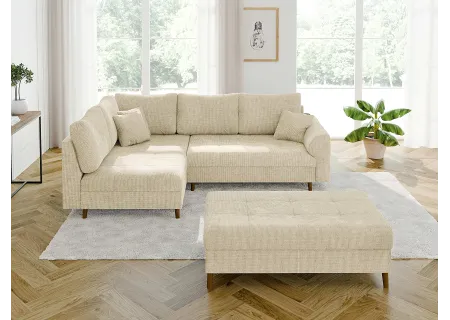 Trygve - Ecksofa mit Schlaffunktion und Hocker mit Braun Holzfüßen im skandinavischen Stil aus Chenille-Stoff