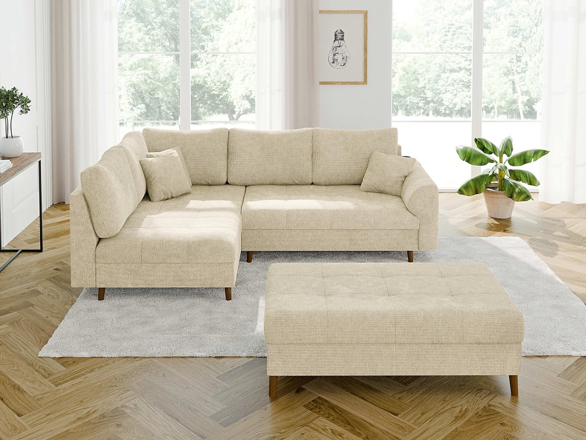 Trygve - Ecksofa mit Schlaffunktion und Hocker mit Braun Holzfüßen im skandinavischen Stil aus Chenille-Stoff