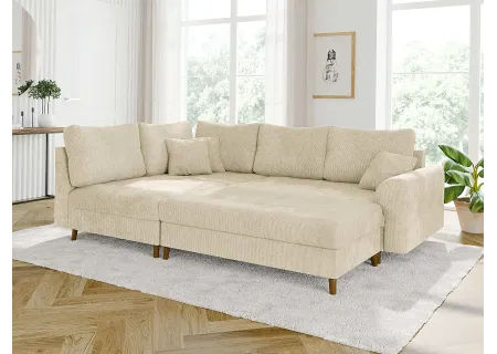 Trygve - Ecksofa mit Schlaffunktion und Hocker mit Braun Holzfüßen im skandinavischen Stil aus Chenille-Stoff