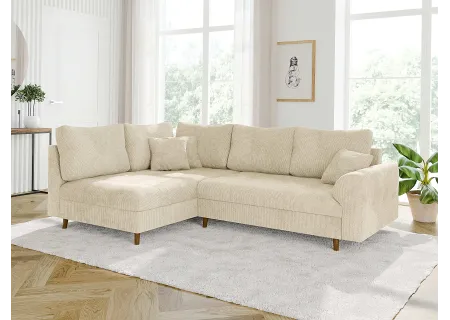 Trygve - Ecksofa mit Schlaffunktion und Hocker mit Braun Holzfüßen im skandinavischen Stil aus Chenille-Stoff