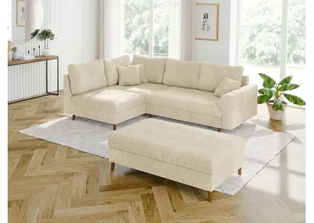 Trygve - Ecksofa mit Schlaffunktion und Hocker mit Braun Holzfüßen im skandinavischen Stil aus Chenille-Stoff