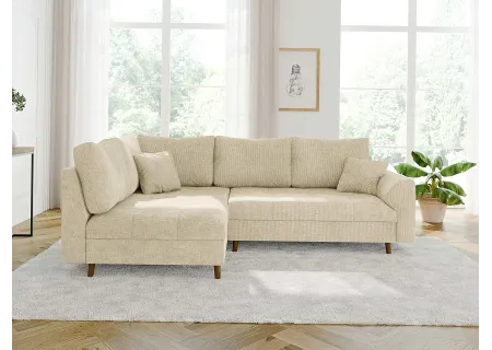 Trygve - Ecksofa mit Schlaffunktion und Hocker mit Braun Holzfüßen im skandinavischen Stil aus Chenille-Stoff