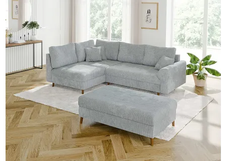 Trygve - Ecksofa mit Schlaffunktion und Hocker mit Braun Holzfüßen im skandinavischen Stil aus Chenille-Stoff