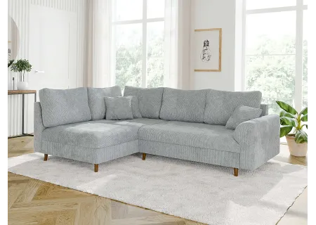 Trygve - Ecksofa mit Schlaffunktion und Hocker mit Braun Holzfüßen im skandinavischen Stil aus Chenille-Stoff