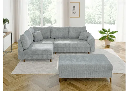 Trygve - Ecksofa mit Schlaffunktion und Hocker mit Braun Holzfüßen im skandinavischen Stil aus Chenille-Stoff