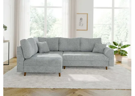 Trygve - Ecksofa mit Schlaffunktion und Hocker mit Braun Holzfüßen im skandinavischen Stil aus Chenille-Stoff