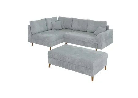 Trygve - Ecksofa mit Schlaffunktion und Hocker mit Braun Holzfüßen im skandinavischen Stil aus Chenille-Stoff