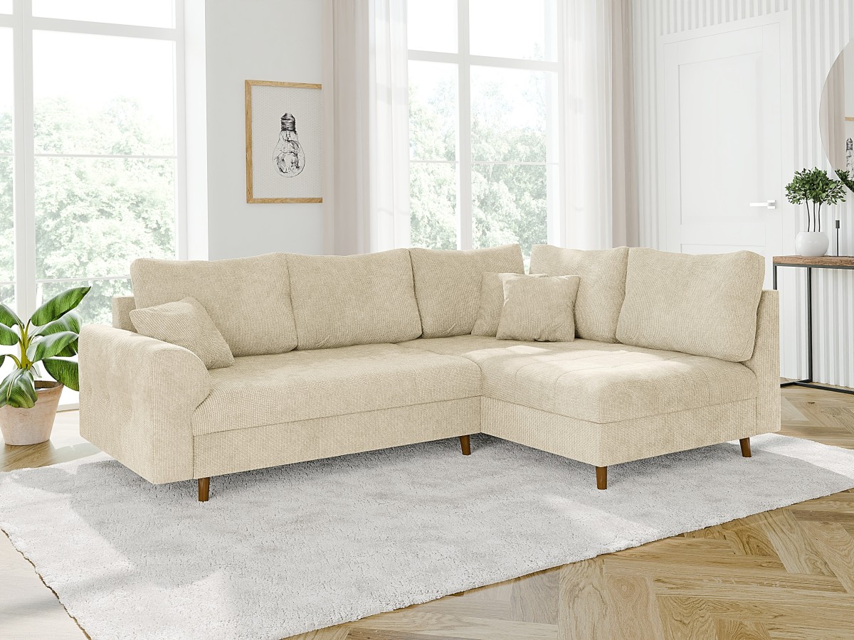 Trygve - Ecksofa mit Braun Holzfüßen im skandinavischen Stil aus Chenille-Stoff