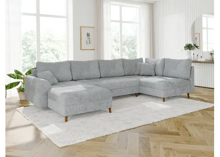 Trygve - Wohnlandschaft mit Schlaffunktion und Hocker mit Braun Holzfüßen im skandinavischen Stil aus Chenille-Stoff