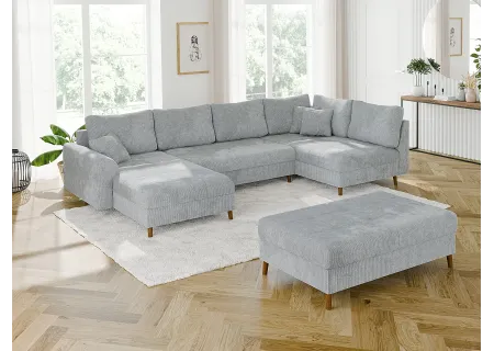 Trygve - Wohnlandschaft mit Schlaffunktion und Hocker mit Braun Holzfüßen im skandinavischen Stil aus Chenille-Stoff