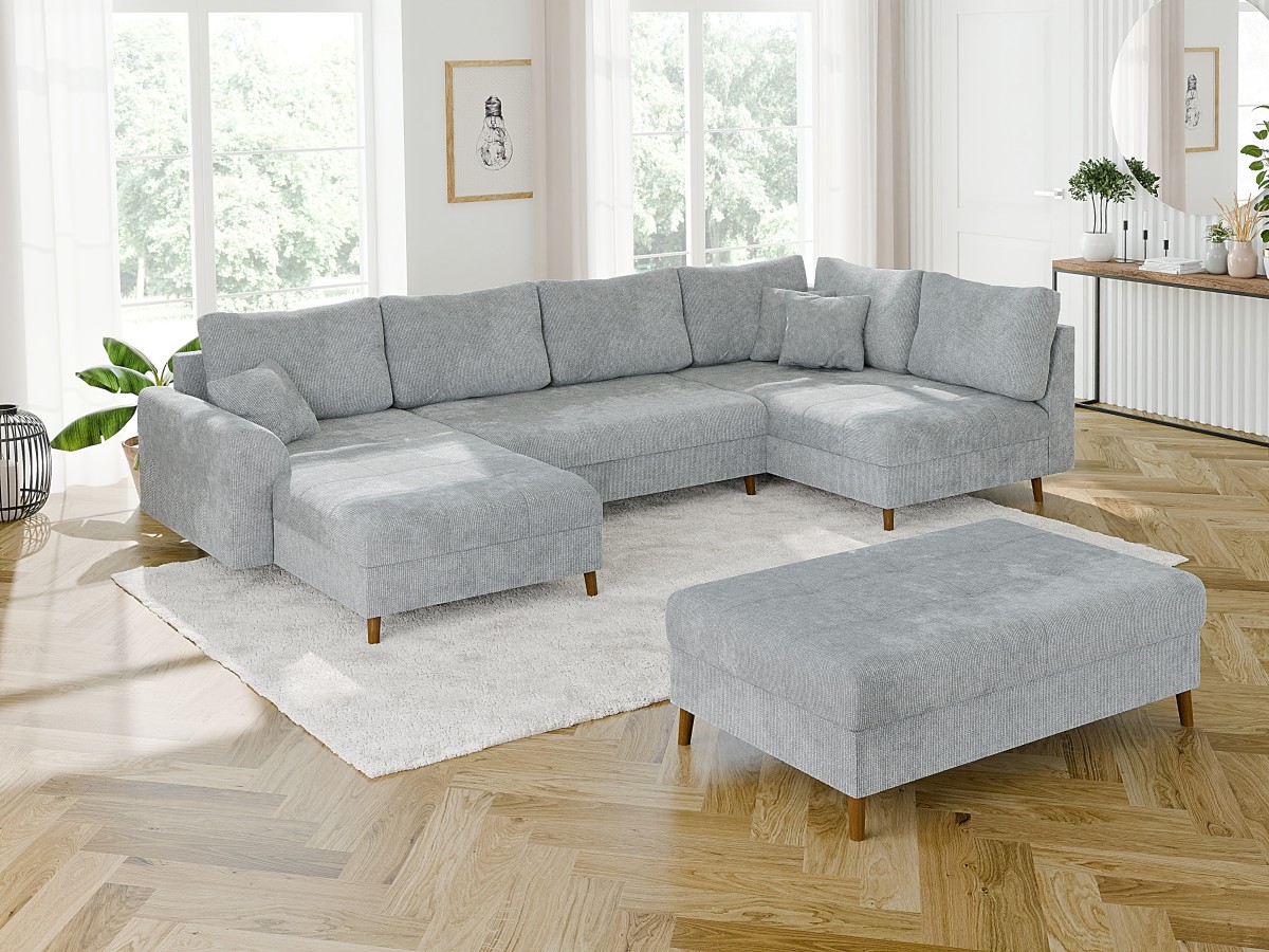 Trygve - Wohnlandschaft mit Schlaffunktion und Hocker mit Braun Holzfüßen im skandinavischen Stil aus Chenille-Stoff