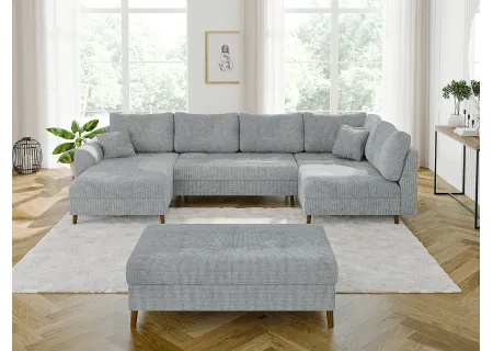 Trygve - Wohnlandschaft mit Schlaffunktion und Hocker mit Braun Holzfüßen im skandinavischen Stil aus Chenille-Stoff