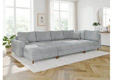 Trygve - Wohnlandschaft mit Schlaffunktion und Hocker mit Braun Holzfüßen im skandinavischen Stil aus Chenille-Stoff