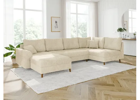 Trygve - Wohnlandschaft mit Schlaffunktion und Hocker mit Braun Holzfüßen im skandinavischen Stil aus Chenille-Stoff