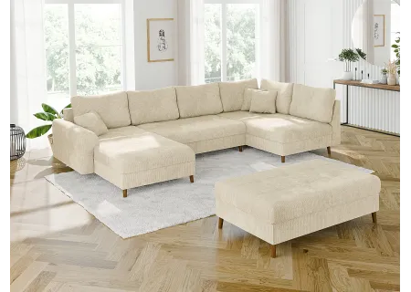 Trygve - Wohnlandschaft mit Schlaffunktion und Hocker mit Braun Holzfüßen im skandinavischen Stil aus Chenille-Stoff