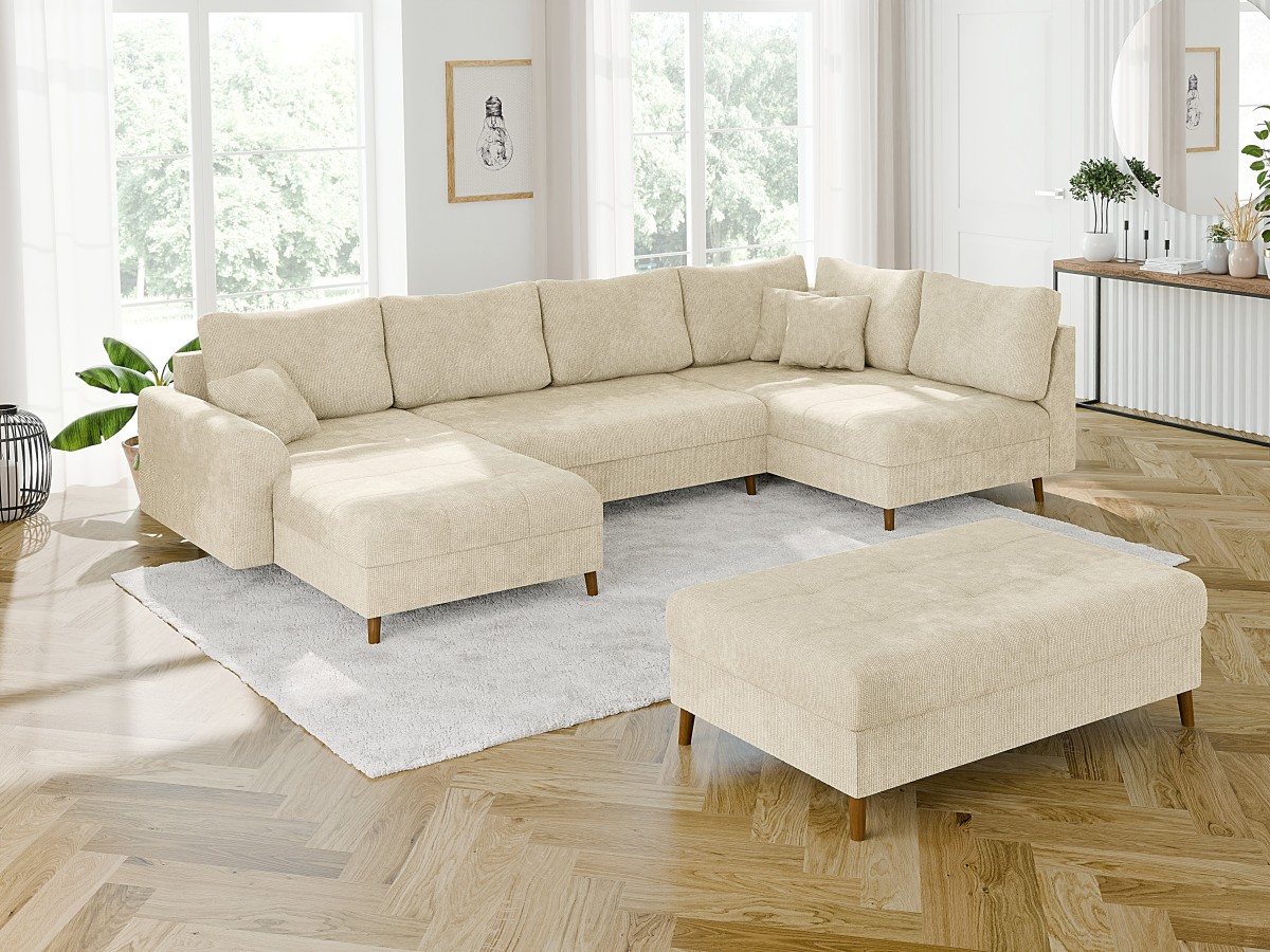 Trygve - Wohnlandschaft mit Schlaffunktion und Hocker mit Braun Holzfüßen im skandinavischen Stil aus Chenille-Stoff