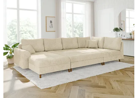 Trygve - Wohnlandschaft mit Schlaffunktion und Hocker mit Braun Holzfüßen im skandinavischen Stil aus Chenille-Stoff