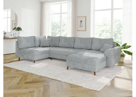 Trygve - Wohnlandschaft mit Schlaffunktion und Hocker mit Braun Holzfüßen im skandinavischen Stil aus Chenille-Stoff