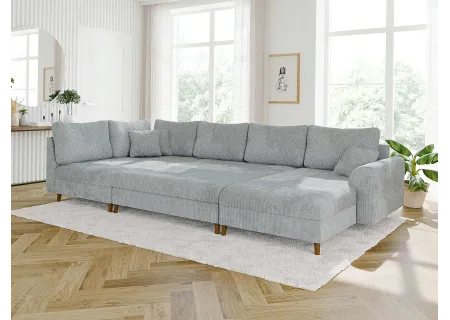 Trygve - Wohnlandschaft mit Schlaffunktion und Hocker mit Braun Holzfüßen im skandinavischen Stil aus Chenille-Stoff