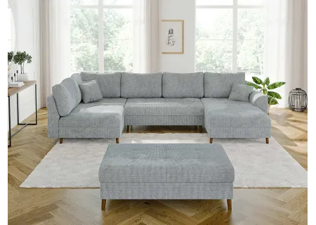 Trygve - Wohnlandschaft mit Schlaffunktion und Hocker mit Braun Holzfüßen im skandinavischen Stil aus Chenille-Stoff