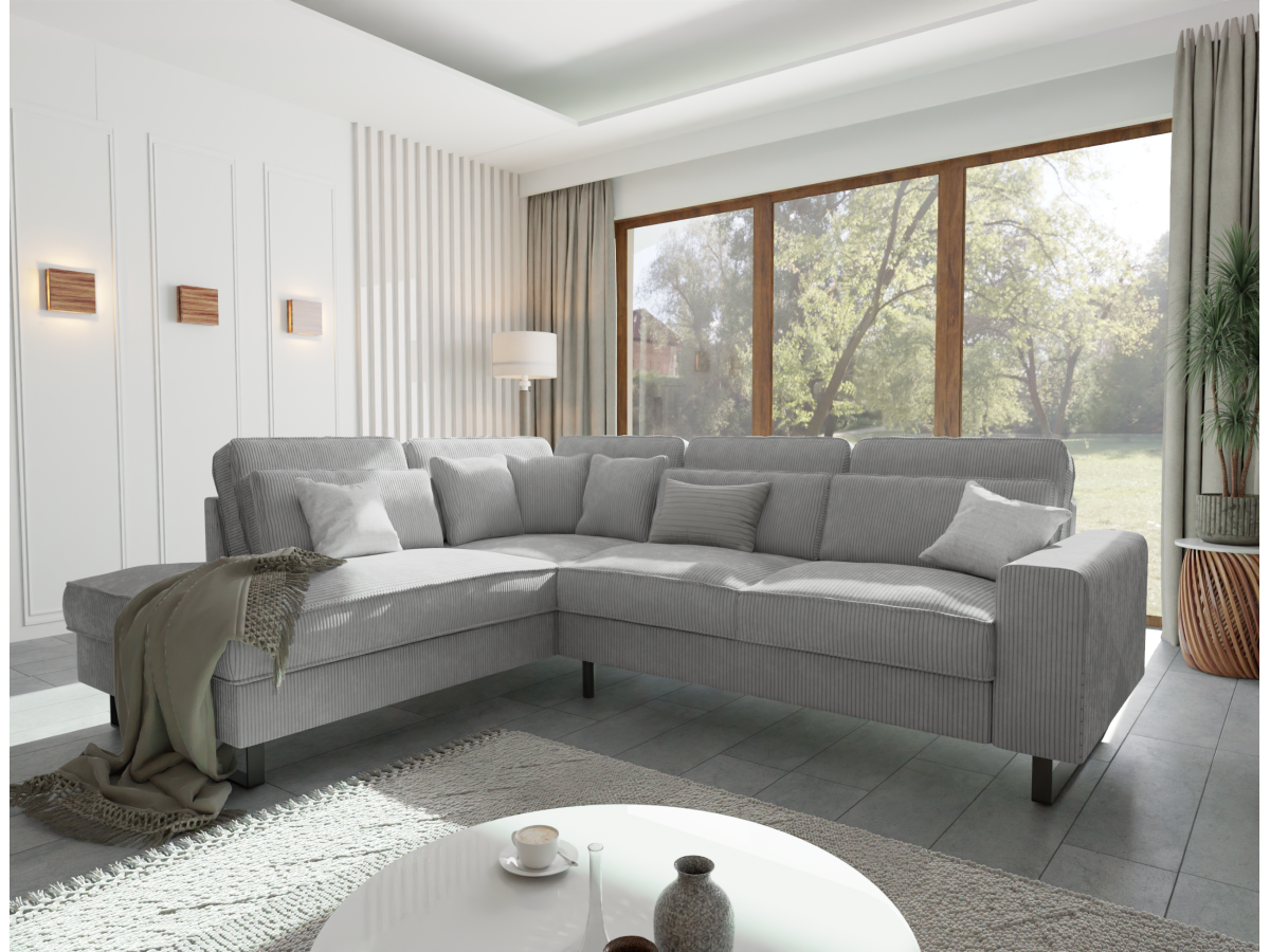 Breeze - Ecksofa mit Ottomane und Schwarz Metall Füßen in Cord-Stoff