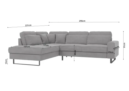 Nova - Ecksofa mit Ottomane und Schwarz Metall Füßen in Samt-Stoff