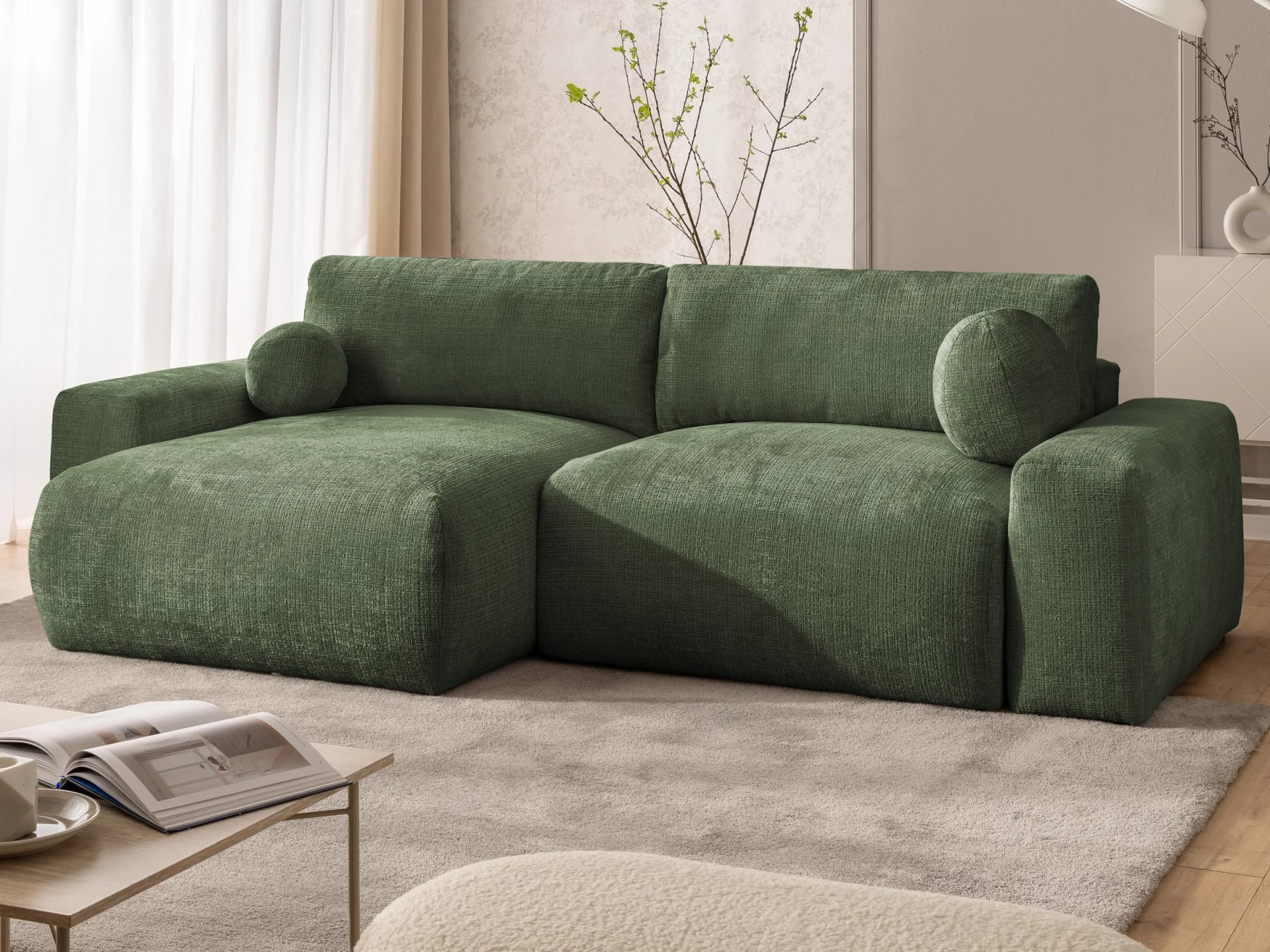 Puffy – Besonders weiches und puffiges Ecksofa mit Schlaffunktion und Bettkasten aus Chenille-Stoff