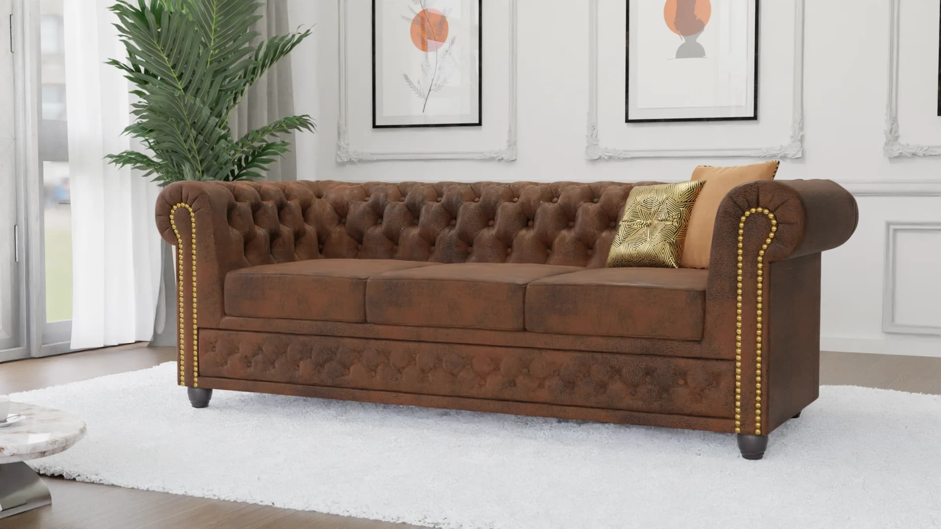 Wilhelm - Chesterfield 3-Sitzer Sofa mit Schlaffunktion aus Vintage Optik Microfaser mit Holzfüßen