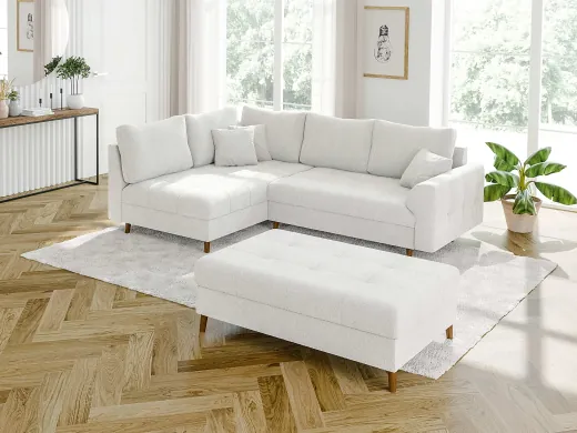 Lars - Ecksofa mit Schlaffunktion und Hocker mit Braun Holzfüßen im skandinavischen Stil aus Boucle-Stoff