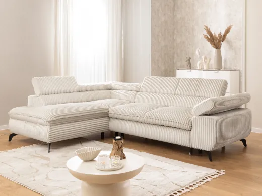 Bonnie - Ecksofa mit Schlaffunktion und Bettkasten aus Cord-Stoff mit verstellbaren Kopfstützen und Armlehne