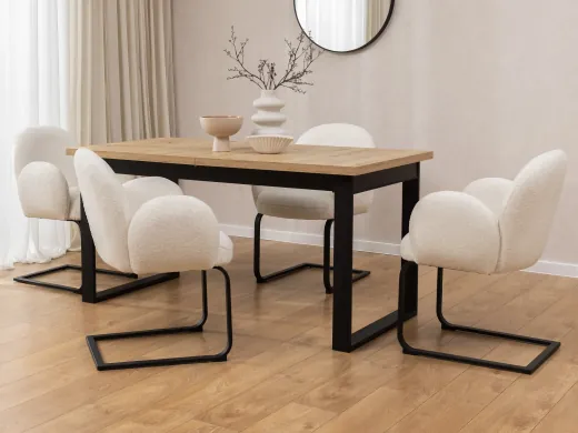 Vela - 2er Set Polsterstuhl im Japandi Stil und im runden Design aus weißem Bouclé mit schwarzem Metallgestell