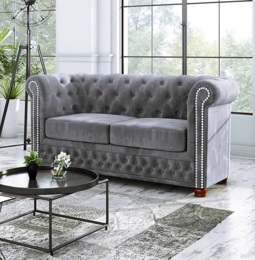 Alnem - Chesterfield Sofa 2-Sitzer aus Samt-Stoff mit Holzfüßen
