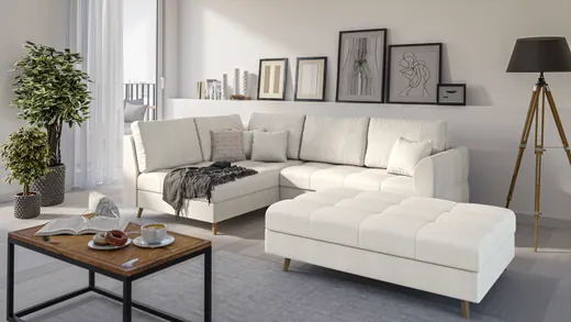Charlotte - Ecksofa und Fußhocker mit Holzfüßen im skandinavischen Stil