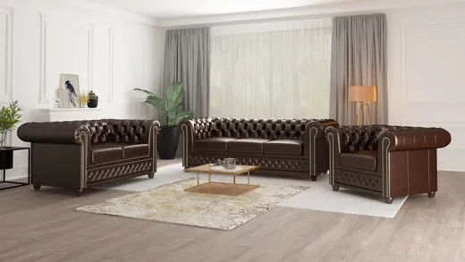 Chloe - Polstergarnitur 3+2+1 mit Schlaffunktion Chesterfield aus veganem Leder mit Holzfüßen