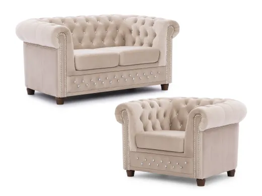 Cleo Blink - Chesterfield Polstergarnitur 2+1 aus Samt mit Kristallsteppung und braunen Massivholzfüßen