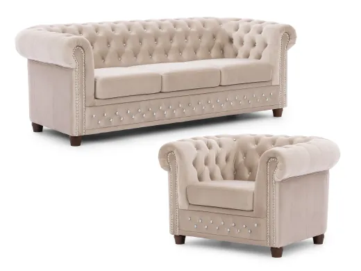 Cleo Blink - Chesterfield Polstergarnitur 3+1 aus Samt mit Kristallsteppung und braunen Massivholzfüßen